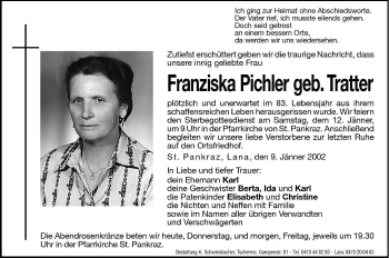 Traueranzeige von Franziska Pichler von Dolomiten