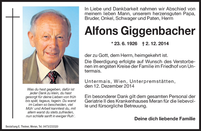  Traueranzeige für Alfons Giggenbacher vom 12.12.2014 aus Athesia Dolmiten