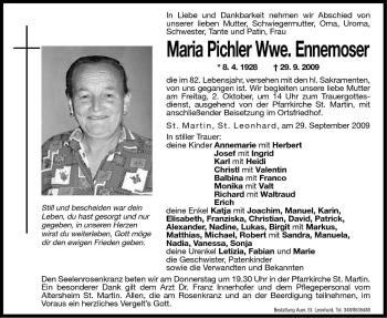 Traueranzeige von Maria Ennemoser von Dolomiten