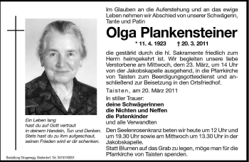 Traueranzeige von Olga Plankensteiner von Dolomiten