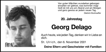 Traueranzeige von Georg Delago von Dolomiten
