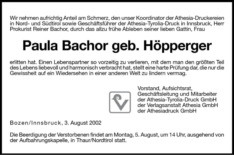  Traueranzeige für Paula Bachor vom 03.08.2002 aus Dolomiten