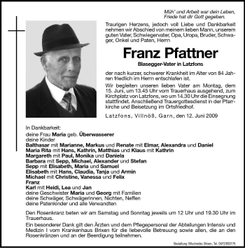 Traueranzeige von Franz Pfattner von Dolomiten