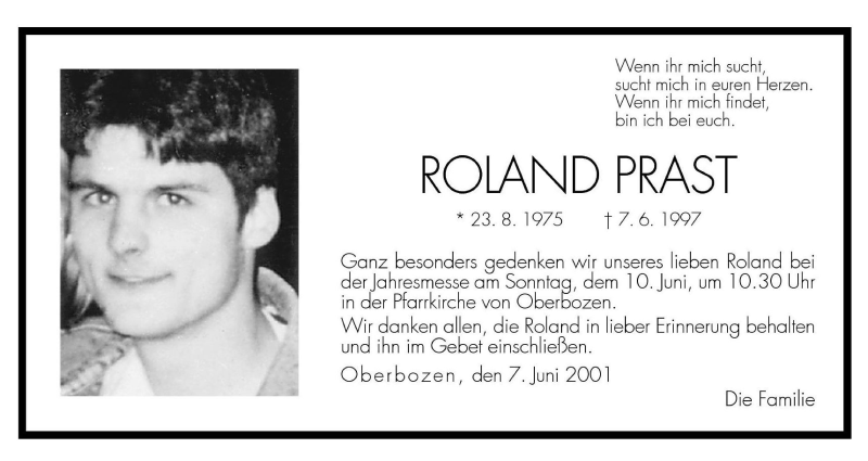  Traueranzeige für Roland Prast vom 09.06.2001 aus Dolomiten