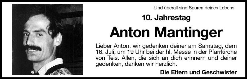  Traueranzeige für Anton Mantinger vom 15.07.2005 aus Dolomiten