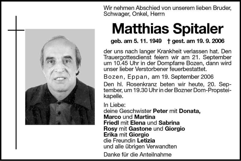  Traueranzeige für Matthias Spitaler vom 20.09.2006 aus Dolomiten