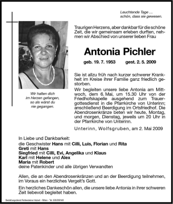 Traueranzeige von Antonia Pichler von Dolomiten