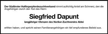 Traueranzeige von Siegfried Dapunt von Dolomiten