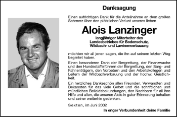 Traueranzeige von Alois Lanzinger von Dolomiten
