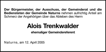 Traueranzeige von Alois Trenkwalder von Dolomiten