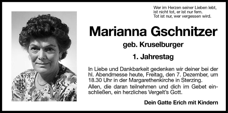  Traueranzeige für Marianna Gschnitzer vom 07.12.2001 aus Dolomiten