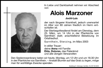 Traueranzeige von Alois Marzoner von Dolomiten