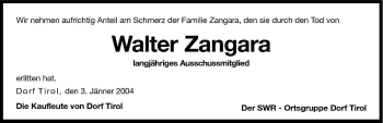 Traueranzeige von Walter Zangara von Dolomiten