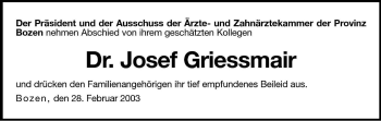 Traueranzeige von Josef Griessmair von Dolomiten