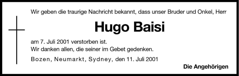  Traueranzeige für Hugo Baisi vom 11.07.2001 aus Dolomiten