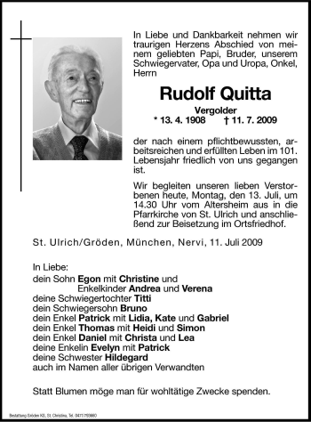 Traueranzeige von Rudolf Quitta von Dolomiten