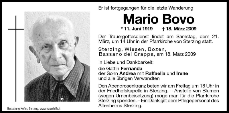  Traueranzeige für Mario Bovo vom 20.03.2009 aus Dolomiten
