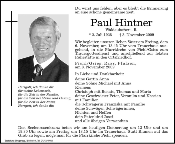 Traueranzeige von Paul Hintner von Dolomiten