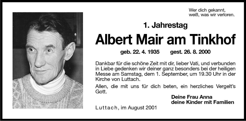  Traueranzeige für Albert Mair am Tinkhof vom 31.08.2001 aus Dolomiten