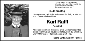Traueranzeige von Karl Raffl von Dolomiten