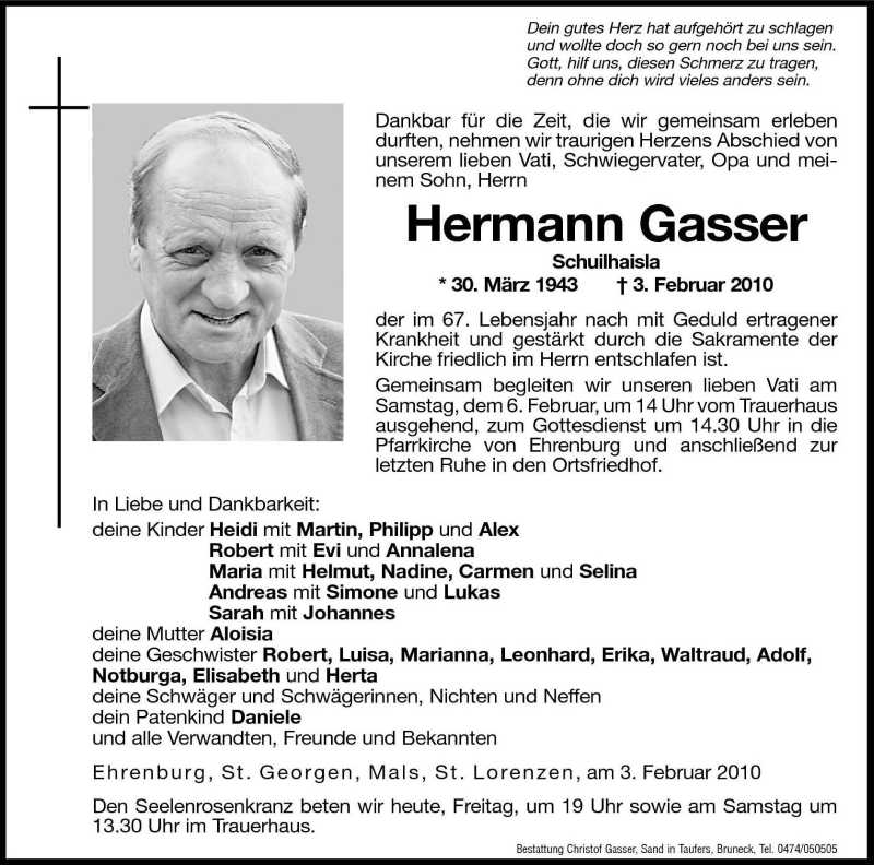  Traueranzeige für Hermann Gasser vom 05.02.2010 aus Dolomiten