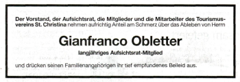 Traueranzeige von Gianfranco Obletter von Dolomiten