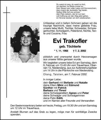 Traueranzeige von Evi Trakofler von Dolomiten