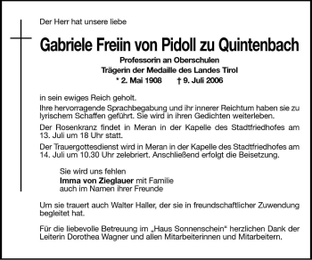 Traueranzeige von Gabriele  Freiin von Pidoll zu Quintenbach von Dolomiten
