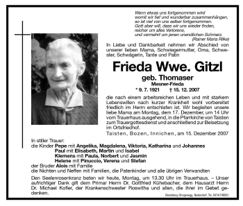 Traueranzeige von Frieda Gitzl von Dolomiten