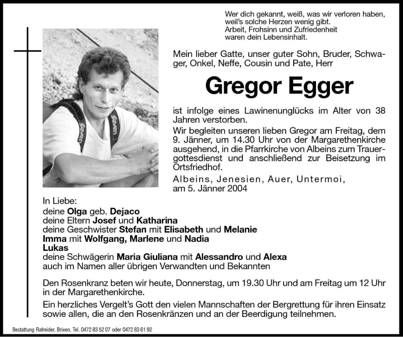 Traueranzeigen von Gregor Egger | Trauer.bz