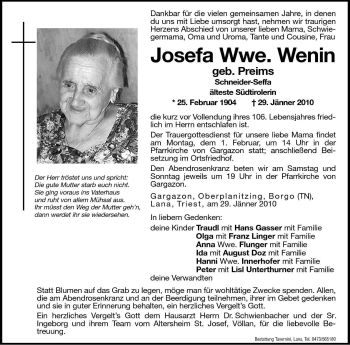 Traueranzeige von Josefa Wenin von Dolomiten