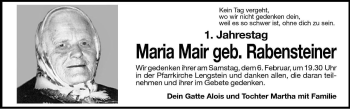Traueranzeige von Maria Mair von Dolomiten