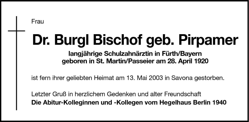  Traueranzeige für Burgl Bischof vom 23.05.2003 aus Dolomiten