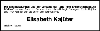 Traueranzeige von Elisabeth Kajüter von Dolomiten
