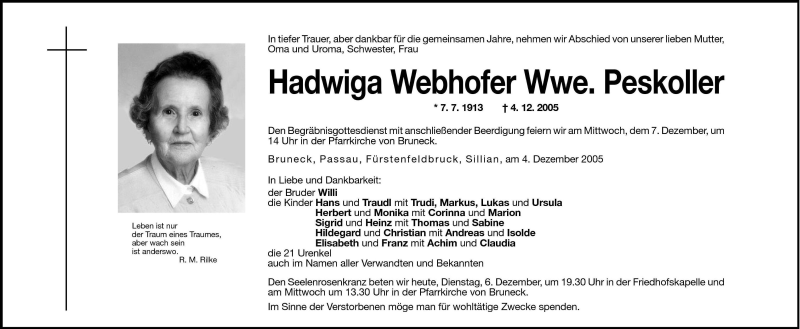  Traueranzeige für Hadwiga Webhofer vom 06.12.2005 aus Dolomiten