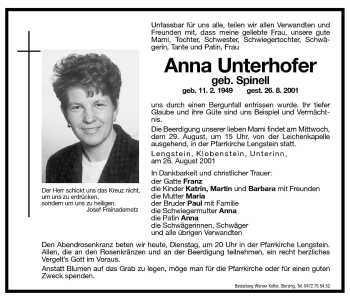 Traueranzeige von Anna Unterhofer von Dolomiten