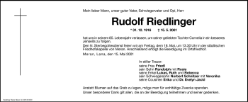 Traueranzeige von Rudolf Riedlinger von Dolomiten