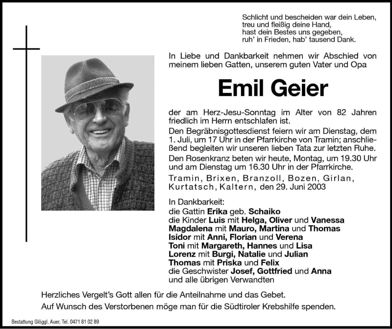  Traueranzeige für Emil Geier vom 30.06.2003 aus Dolomiten