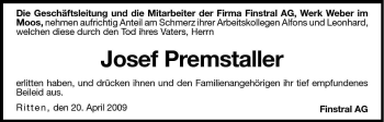 Traueranzeige von Josef Premstaller von Dolomiten