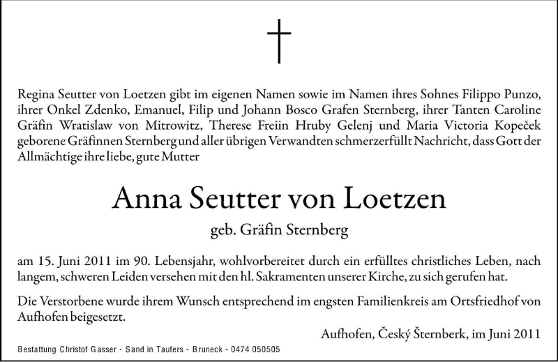 Traueranzeige für Anna Seutter von Loetzen vom 24.06.2011 aus Dolomiten