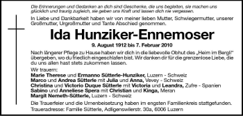 Traueranzeige von Ida Hunziker-Ennemoser von Dolomiten