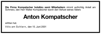 Traueranzeige von Anton Kompatscher von Dolomiten