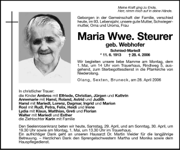 Traueranzeige von Maria Steurer von Dolomiten