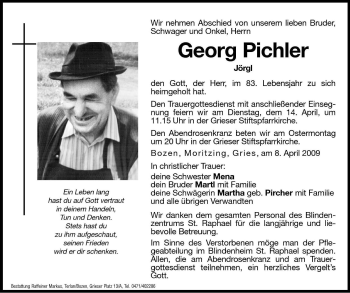 Traueranzeige von Georg Pichler von Dolomiten