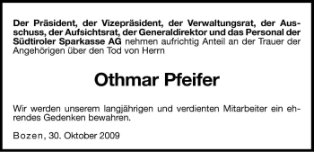 Traueranzeige von Othmar Pfeifer von Dolomiten