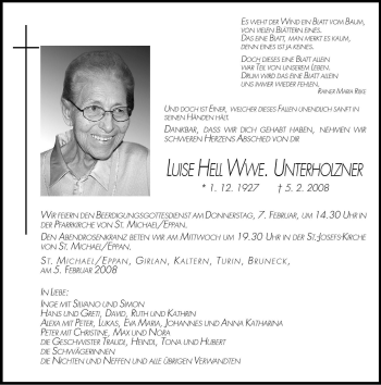 Traueranzeige von Luise Unterholzner von Dolomiten