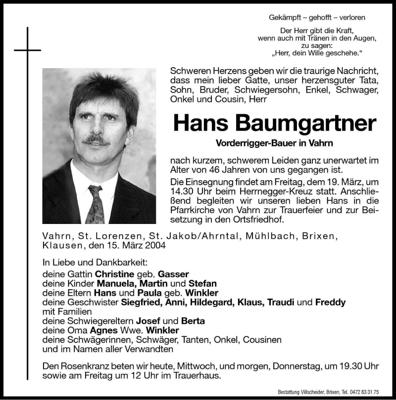  Traueranzeige für Hans Baumgartner vom 17.03.2004 aus Dolomiten