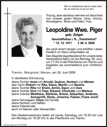 Traueranzeige von Leopoldine Piger von Dolomiten