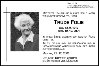 Traueranzeige von Trude Folie von Dolomiten