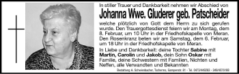 Traueranzeige von Johanna Gluderer von Dolomiten